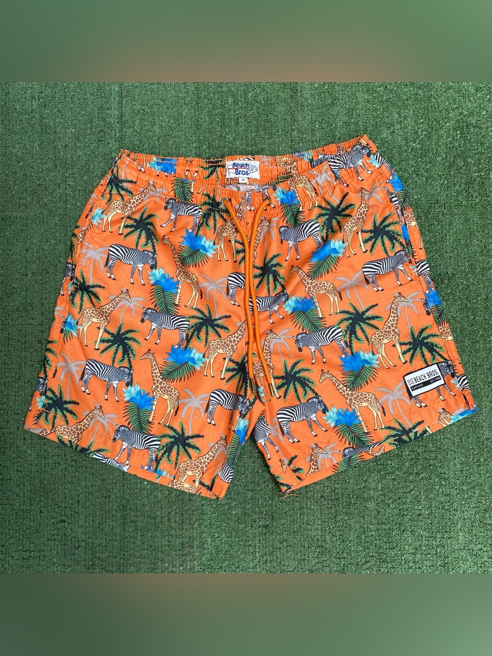 Beach Bros Men's Orange Safari Print Swim Trunks